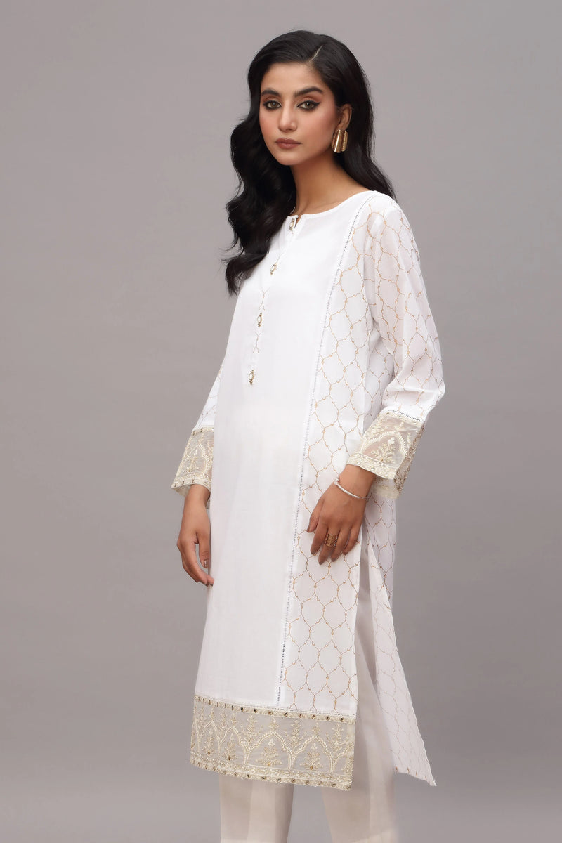 Side profile of the Chinyere white printed lawn shirt, showcasing the elegant printed fabric, perfect for Pakistani suits Canada.