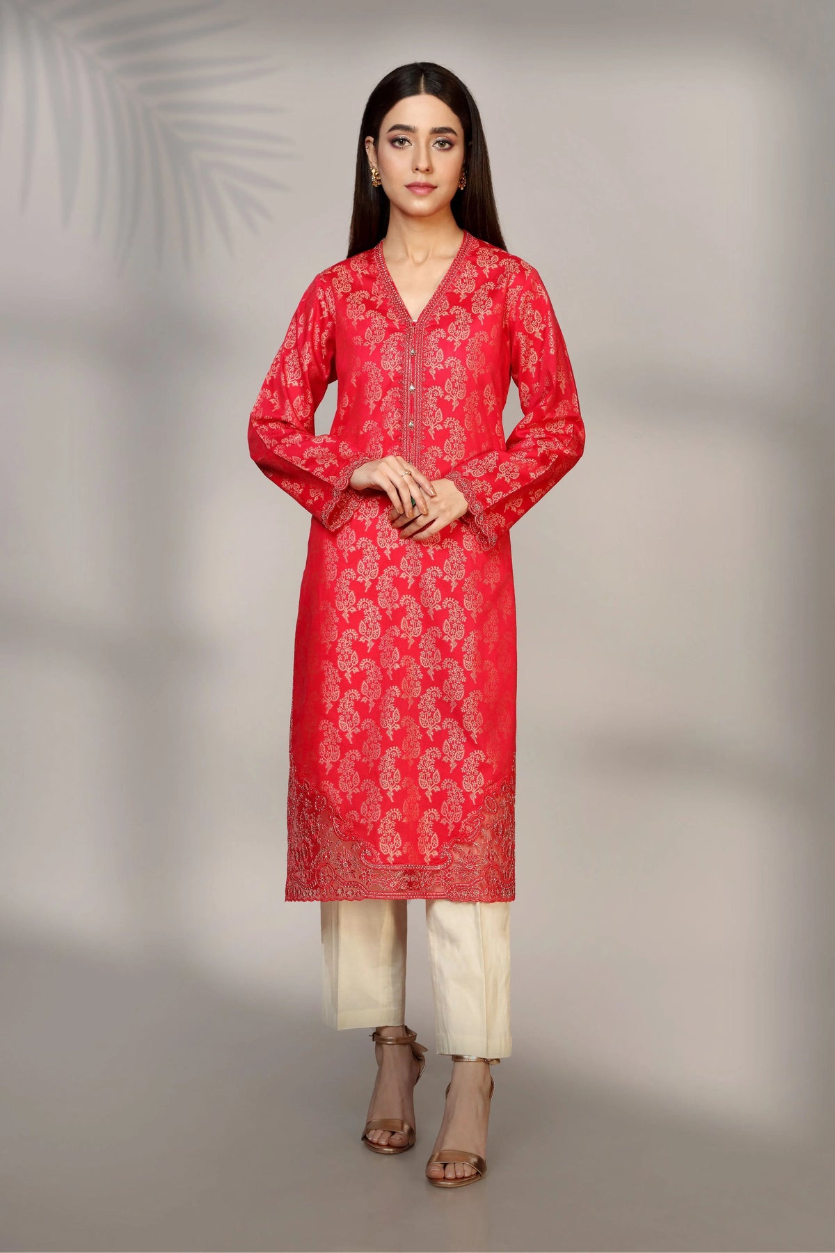 Elegant imperial red self jacquard shirt by Chinyere, a stylish choice for Pakistani suits online in Canada. Medium size.