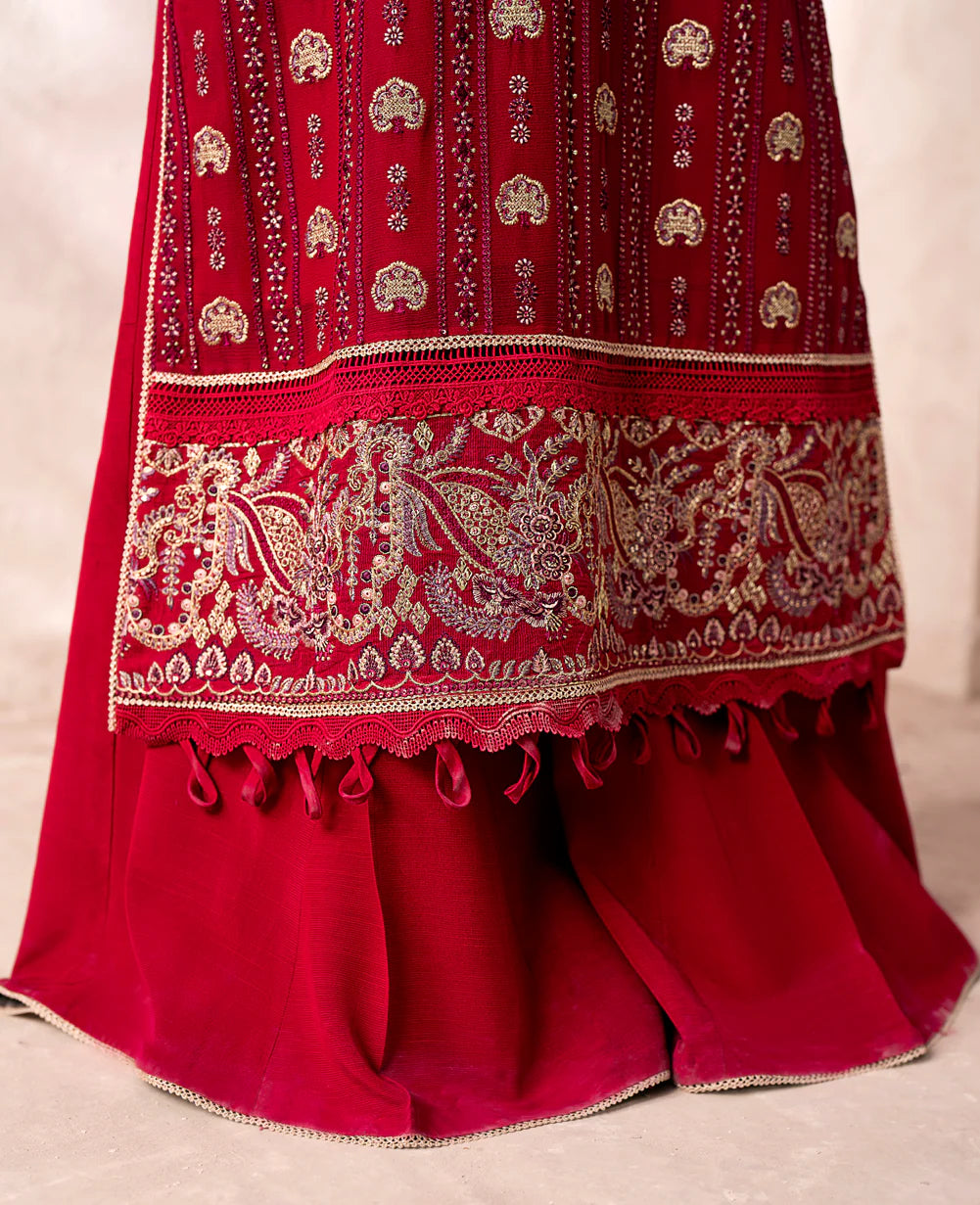 Shop premium Pakistani suits in Canada with this stunning red chiffon 3 PC suit from Xenia, perfect for formal occasions.