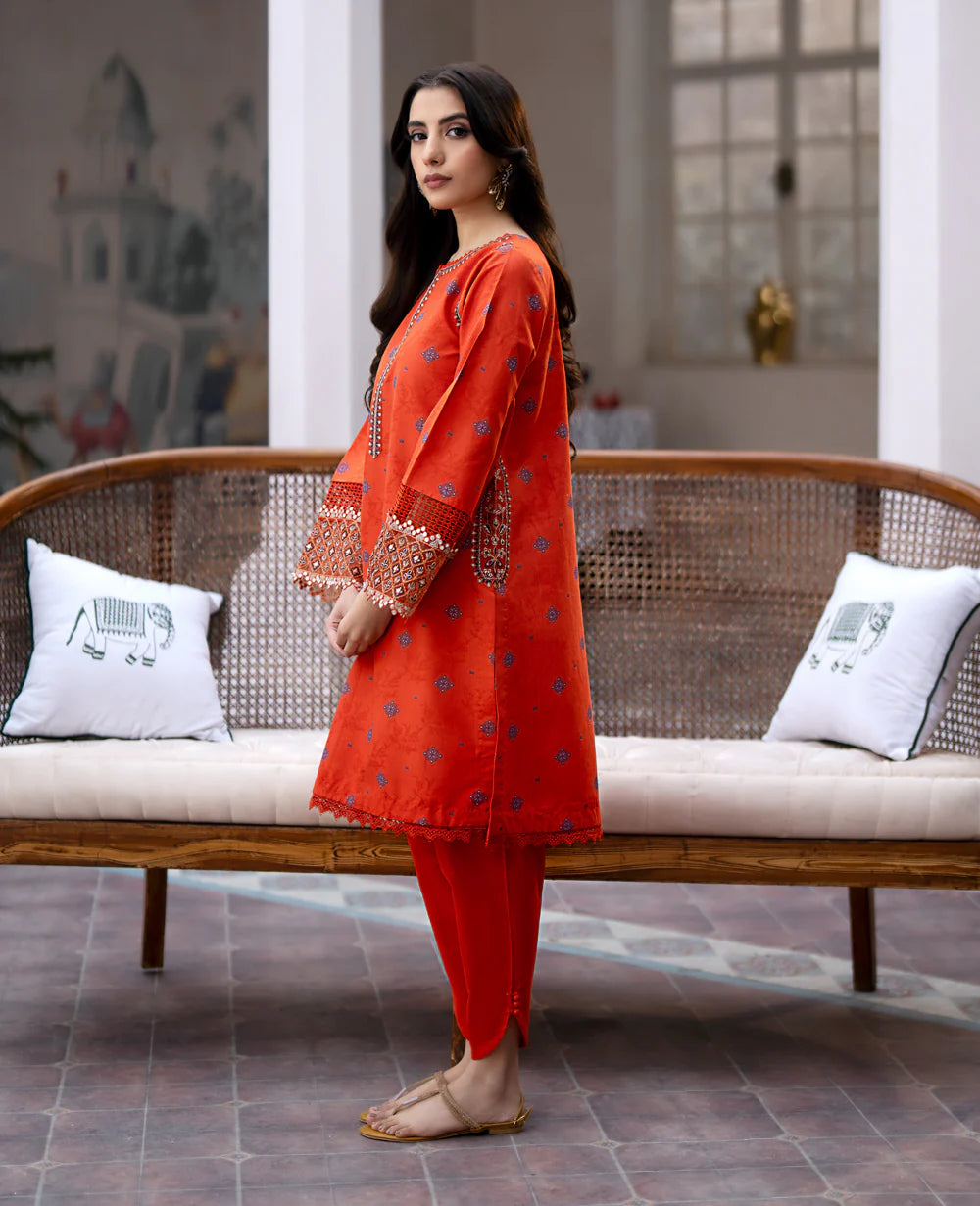 Side profile of Xenia’s Terre lawn jacquard suit, showcasing intricate embroidery – a premium option for Punjabi suits in Canada.