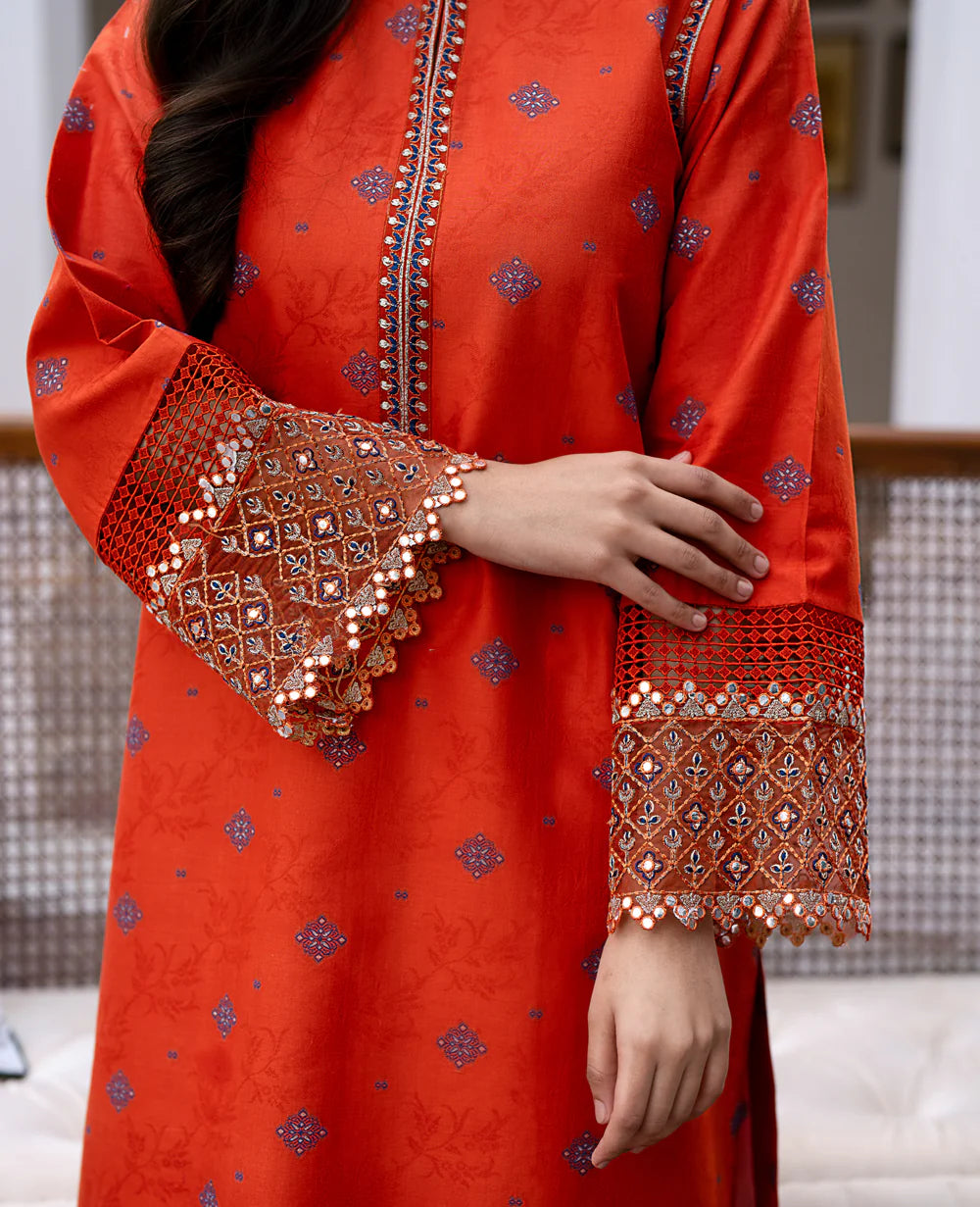 another shot of sleeves showing the Detailed embroidery of the Xenia Terre lawn jacquard suit, highlighting the intricate patterns and quality craftsmanship of Pakistani dresses in Canada.