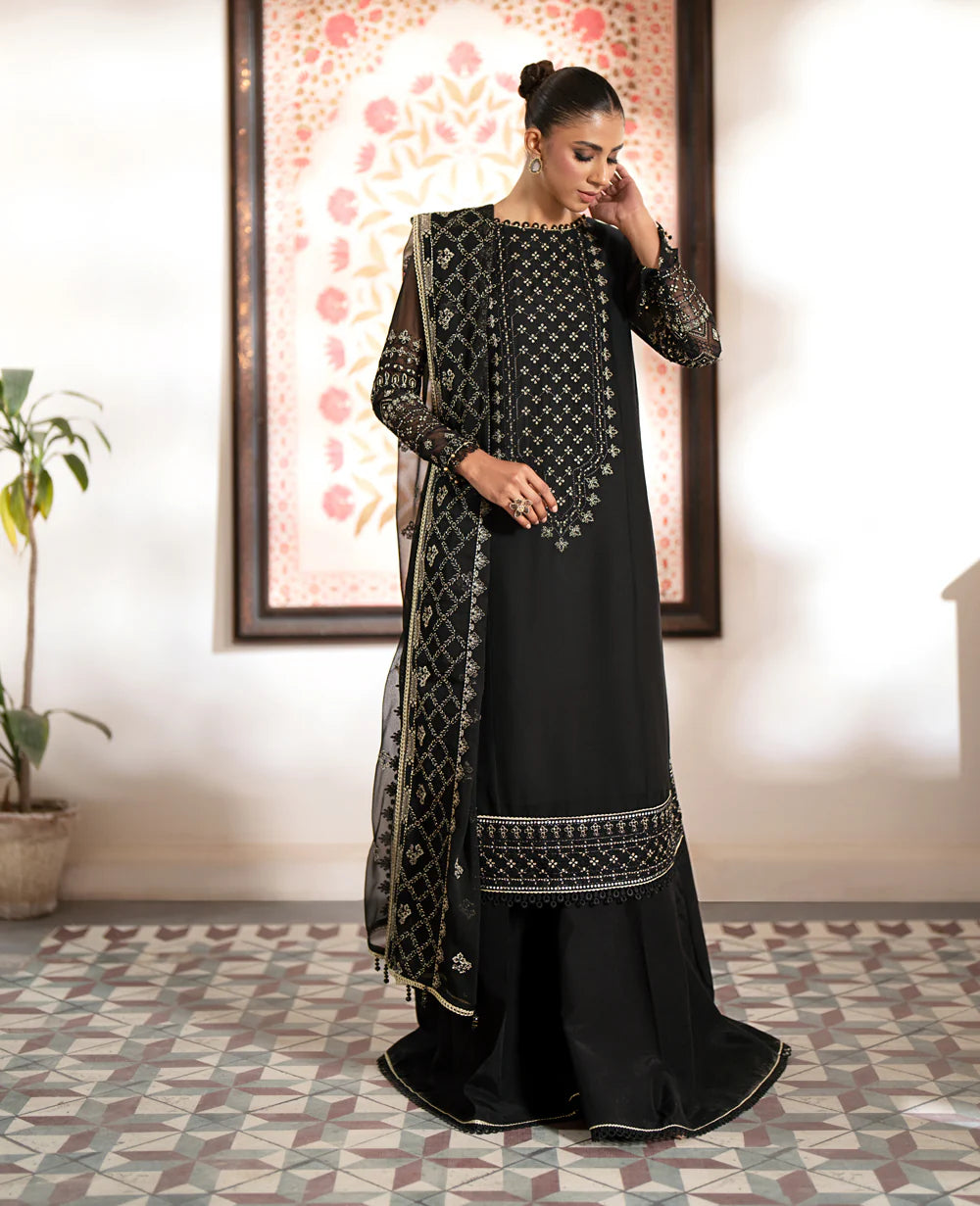 Shop Pakistani suits in Canada with this elegant Xenia black chiffon embroidered suit, ideal for formal events and special occasions.