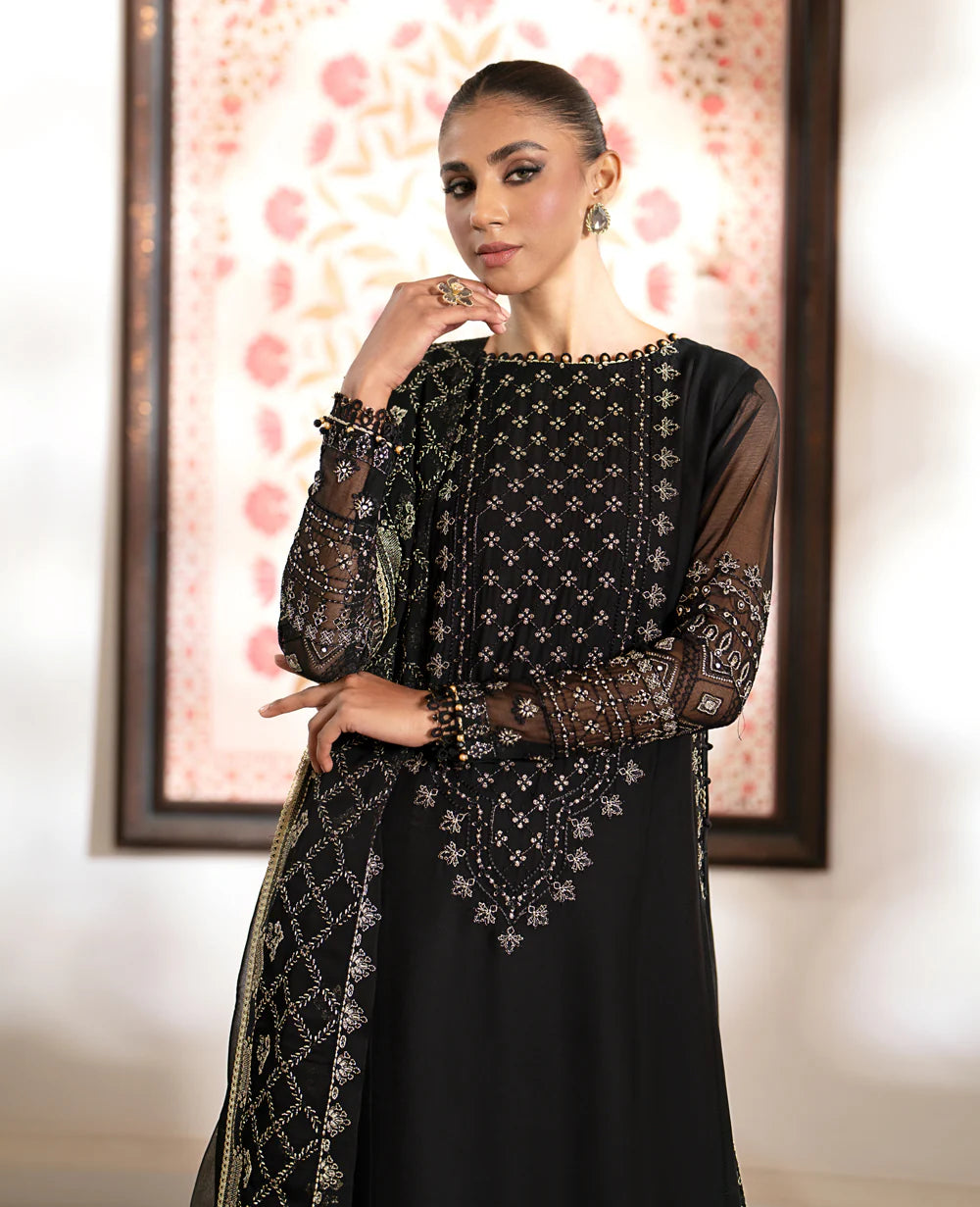 Chiffon embroidered shirt with chiffon dupatta and raw silk trousers - traditional Pakistani clothing