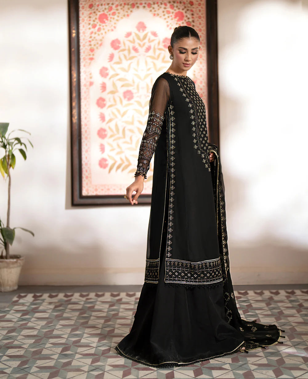 Chiffon embroidered shirt with chiffon dupatta and raw silk trousers - traditional Pakistani clothing