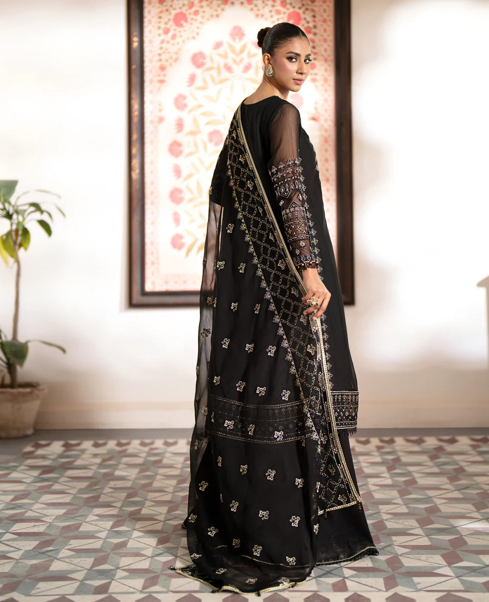 REAR VIEW OF Xenia’s black chiffon embroidered 3PC suit – detailed embroidery on the back, an elegant choice for Pakistani suits in Canada.