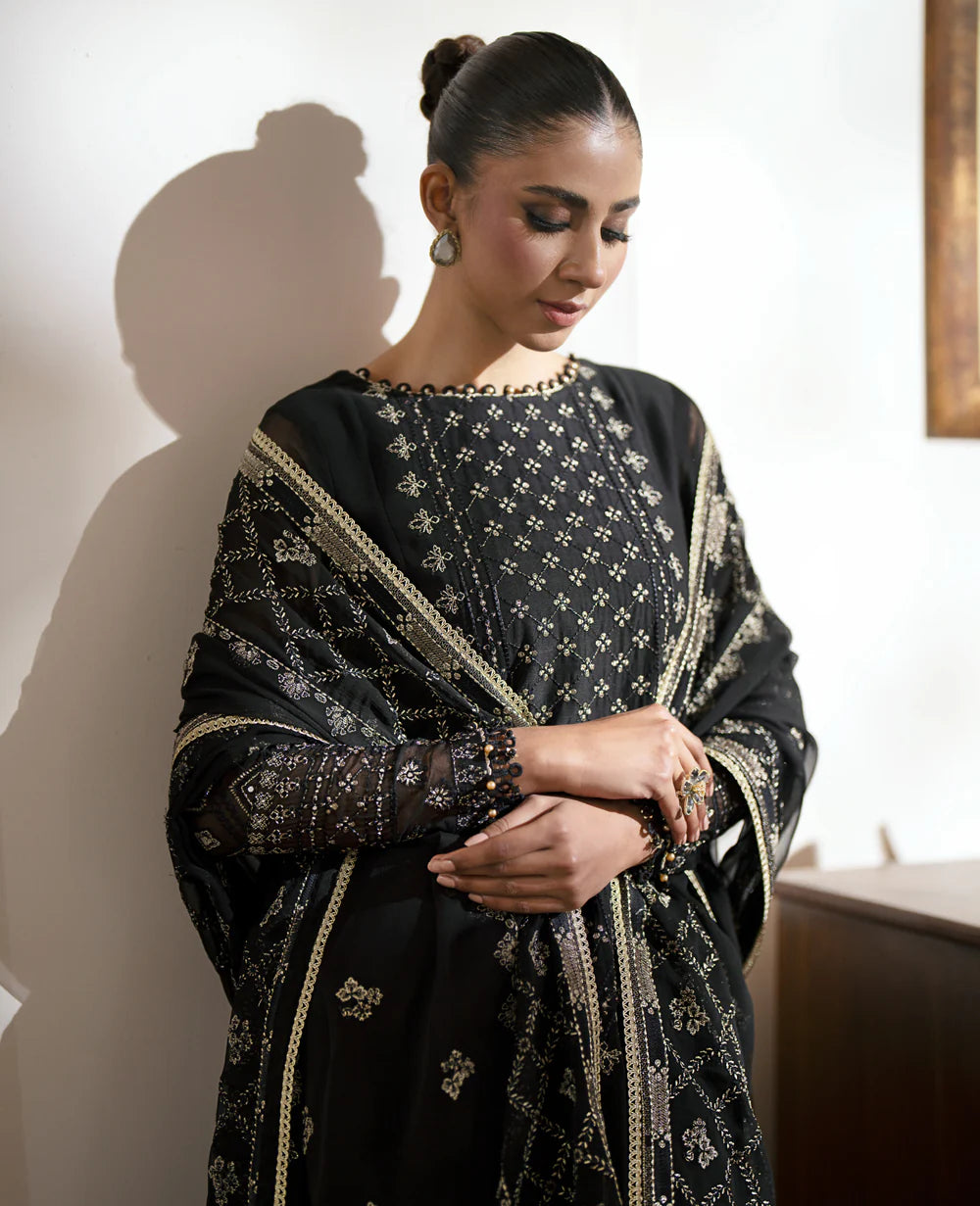 Delicate embroidery work on Xenia’s black chiffon suit, adding a touch of elegance to premium Pakistani suits online in Canada.