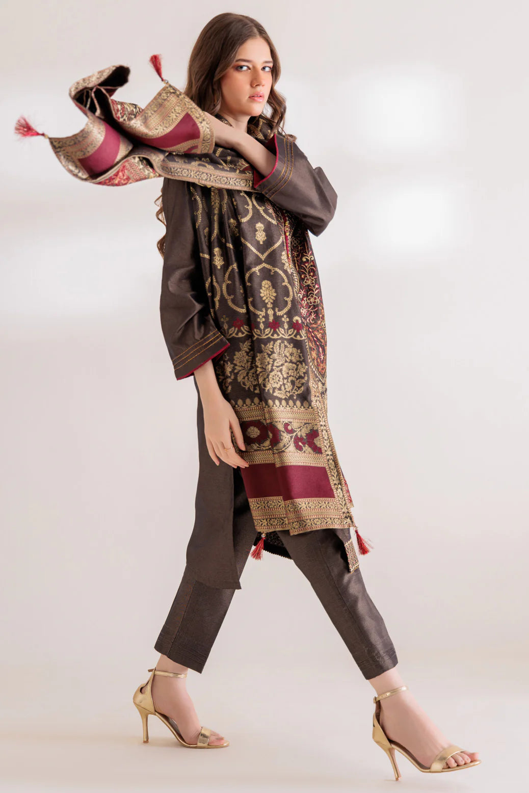 Traditional Pakistani clothes in Canada, black Maisuri embroidered 3-piece suit by Brand Bonanza Satrangi