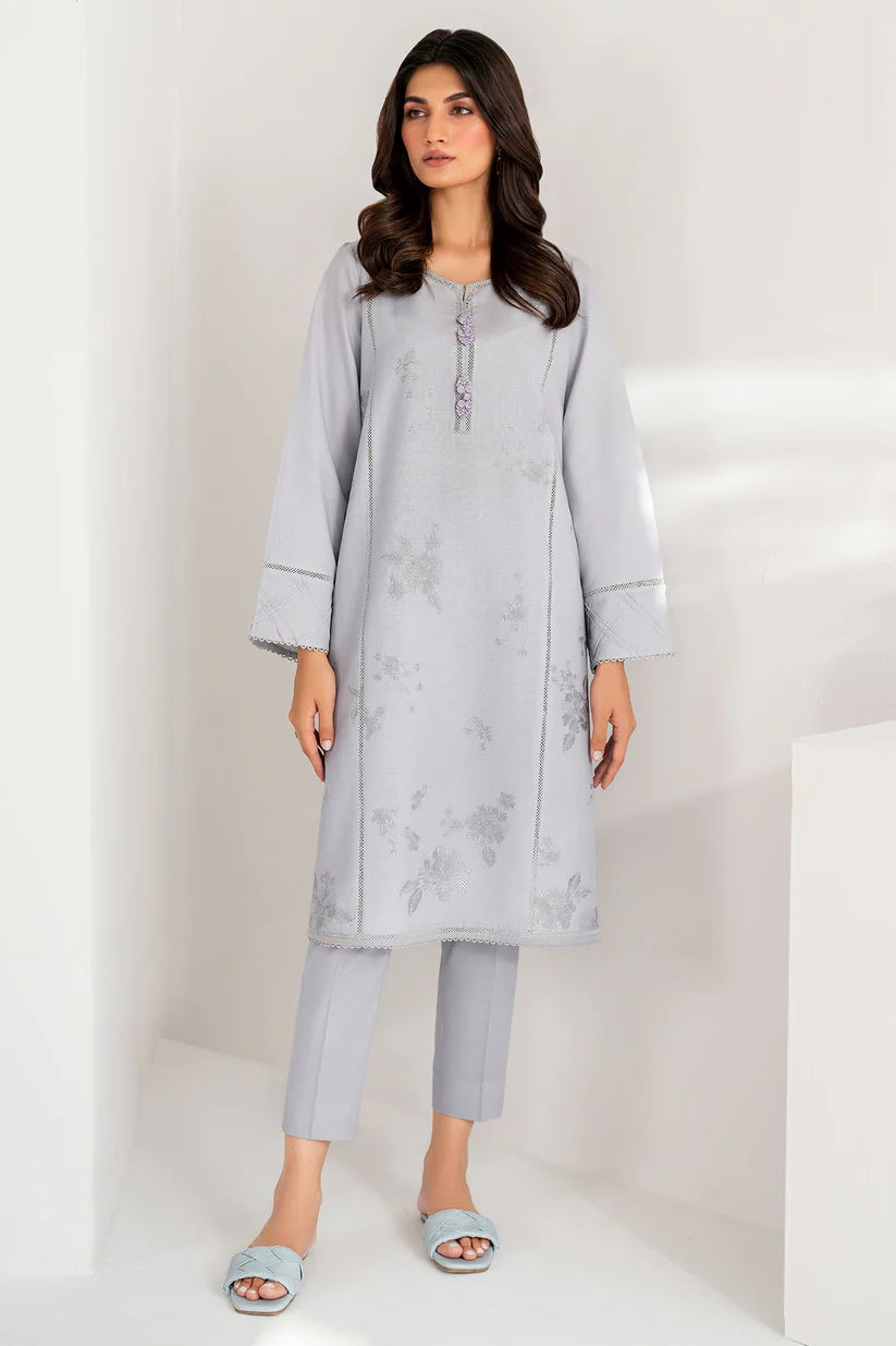 Elegant grey embroidered 2-piece synthetic organza suit by Jazmin – a refined choice for Pakistani suits online in Canada.
