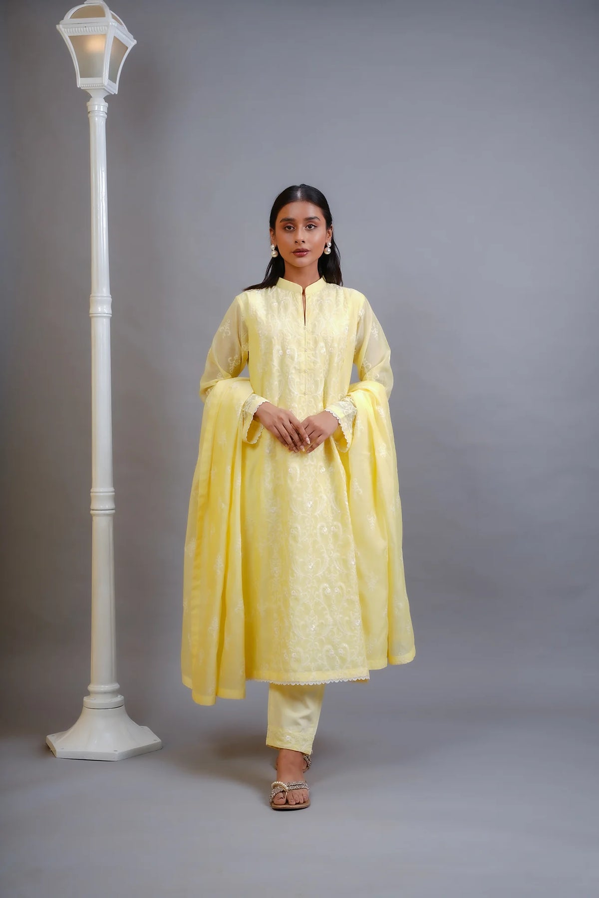 Woman standing front view SHEEP yellow cotton net 3-piece Punjabi suits in Canada  