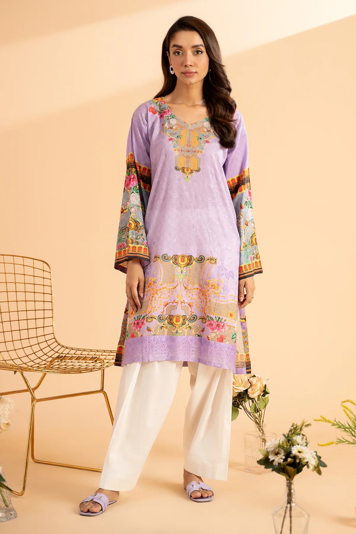 women wearing Charizma purple printed lawn shirt – a stylish choice for Pakistani suits online in Canada, crafted for elegance.