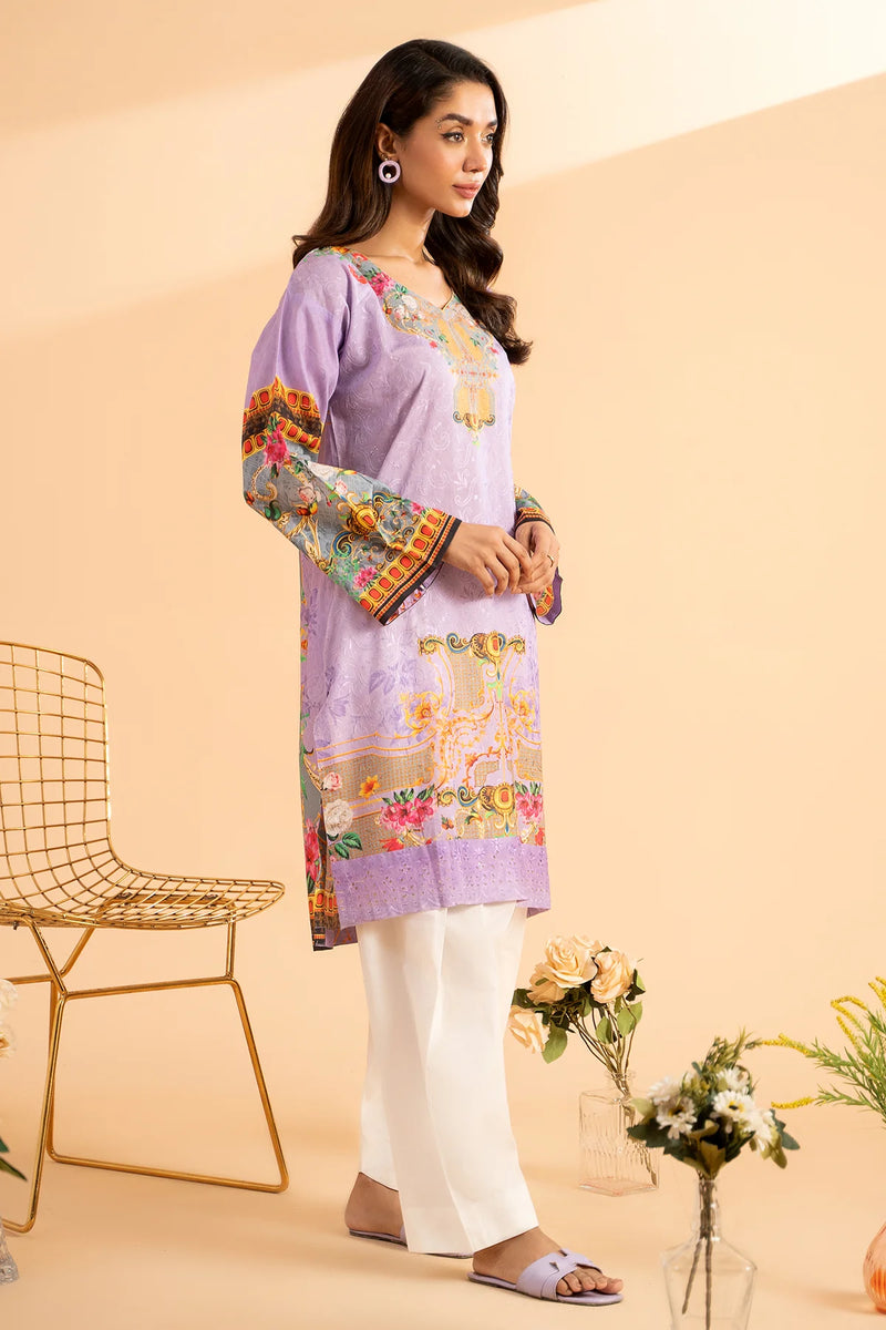A side profile of Charizma’s elegant purple lawn shirt, a chic addition to Pakistani suits for women in Canada.