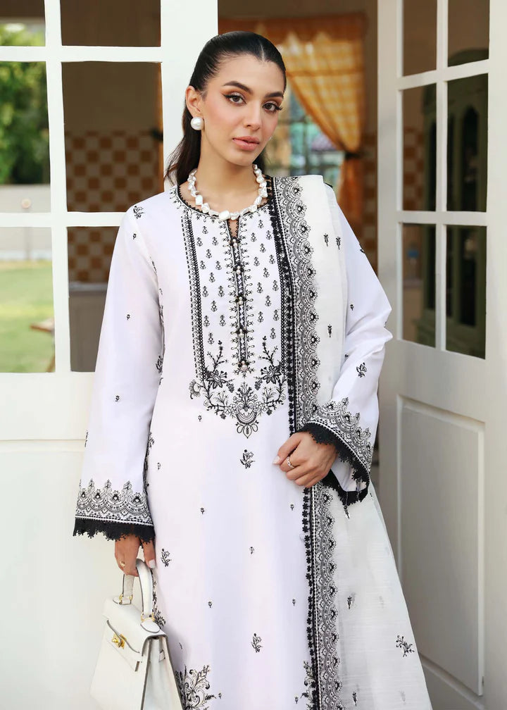 Black and White Embroidered Lawn Shirt with Cotton Net Dupatta and Cambric Pants - Traditional Pakistani Clothing