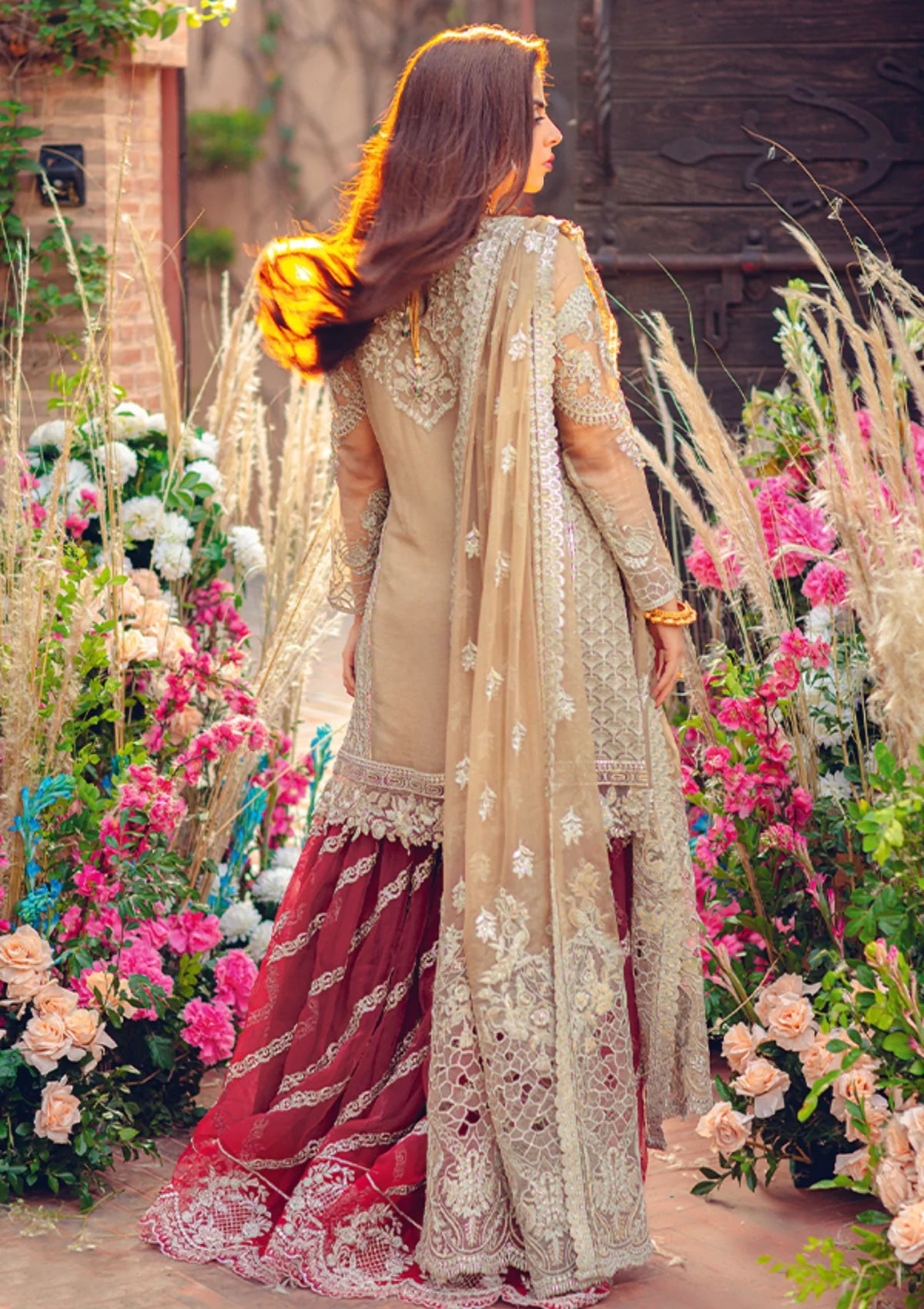 Pakistani top designers in Canada - Eclatant Luxu by Imrozia Light Taupe Chiffon 3-Pc Suit