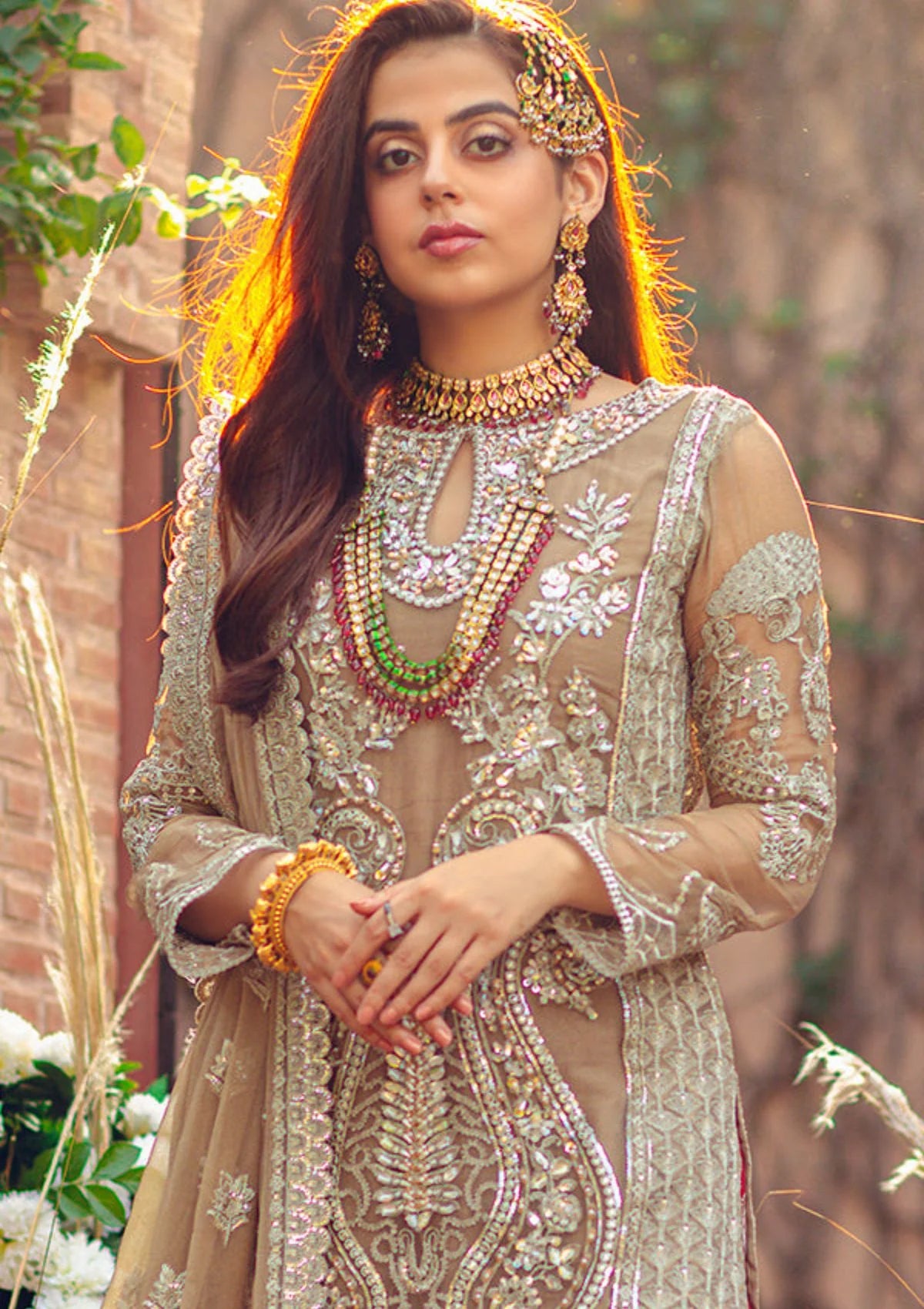 Pakistani top designers in Canada - Eclatant Luxu by Imrozia Light Taupe Chiffon 3-Pc Suit