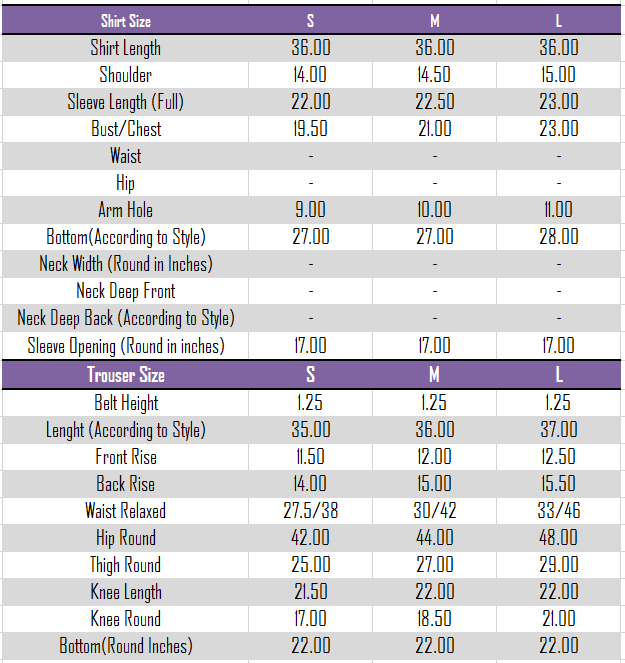 Measurement chart for shirts and trousers with size specifications.