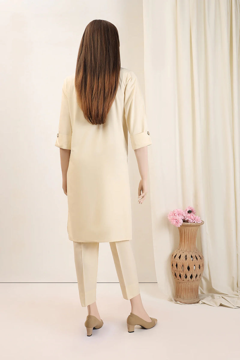 rears view of Stylish Saya 2-piece beige kurta set, a premium pick for Punjabi suits, designed for comfort and elegance.