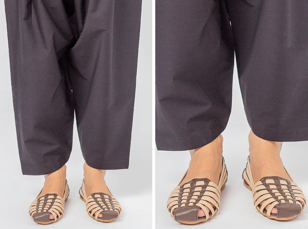 A woman wearing Beechtree black poplin shalwar, a must-have for Pakistani suits online in Canada.