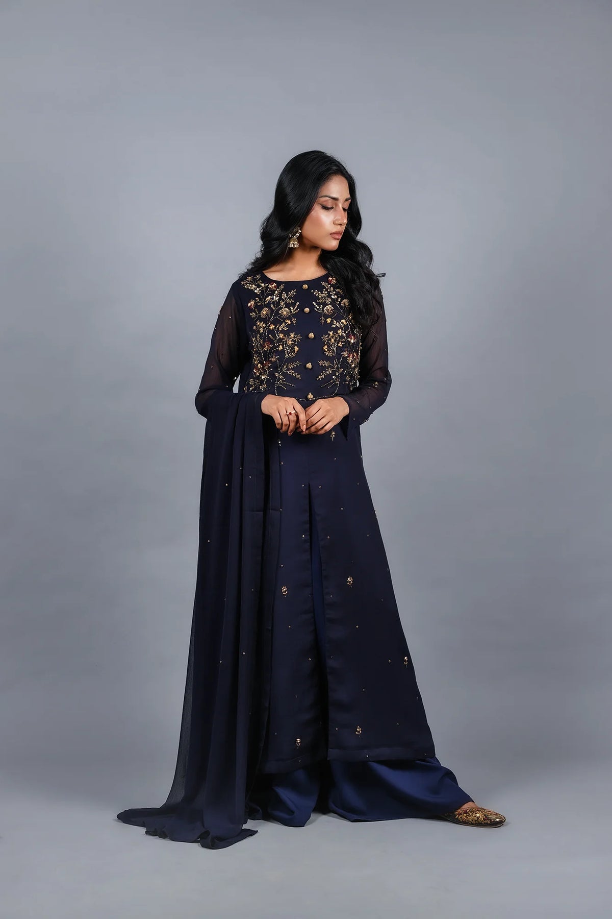 Sheep - Aegean Blue Hand-Embellished Chiffon 3-Piece Stitched - SHP-361