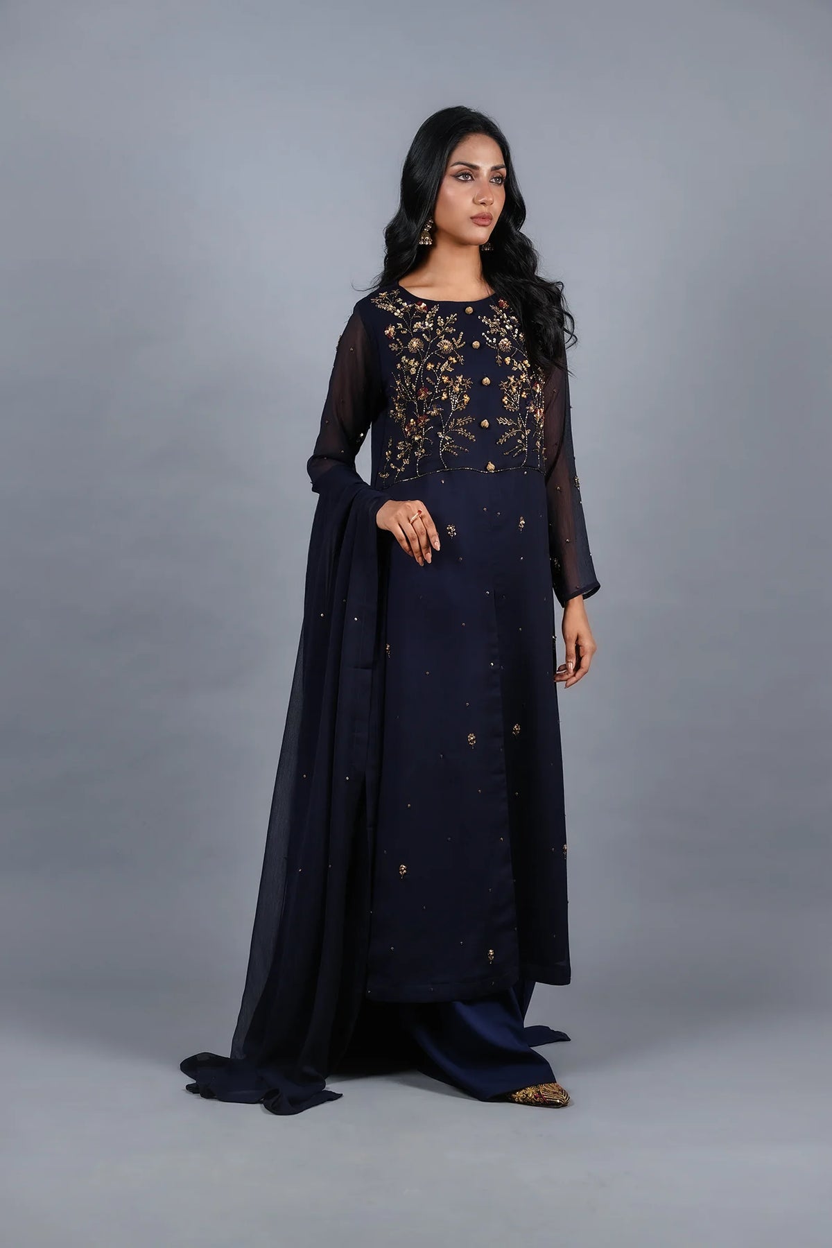 Sheep - Aegean Blue Hand-Embellished Chiffon 3-Piece Stitched - SHP-361