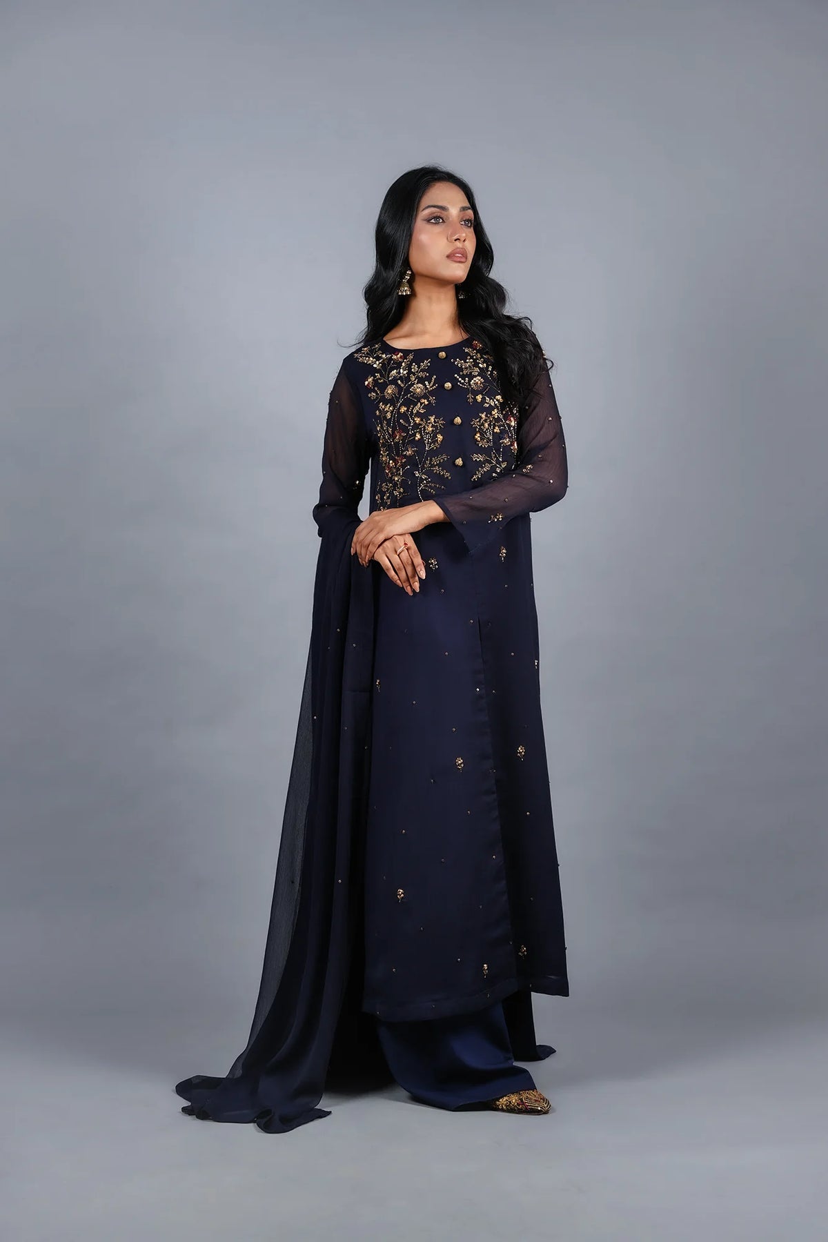 Sheep - Aegean Blue Hand-Embellished Chiffon 3-Piece Stitched - SHP-361