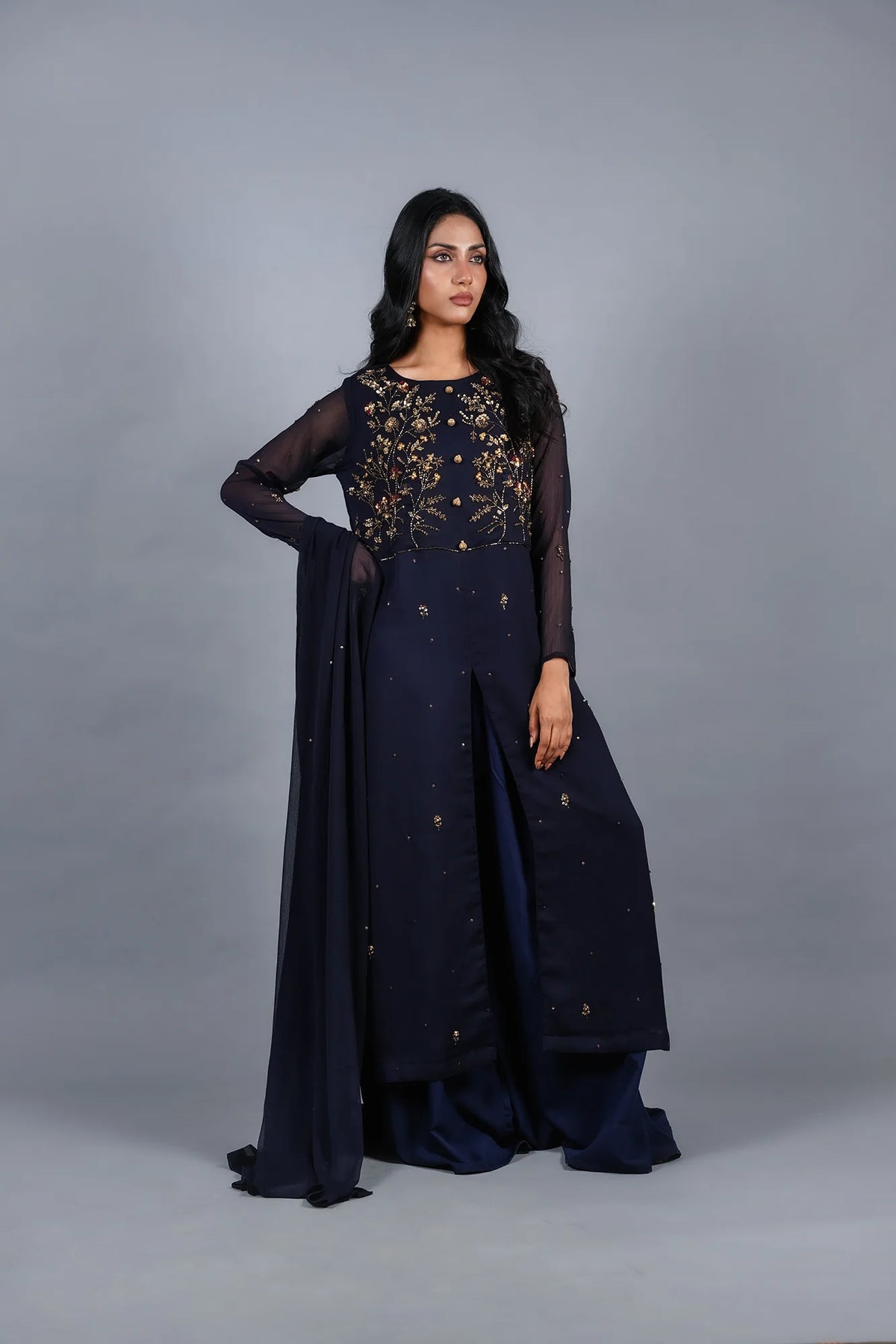 Sheep - Aegean Blue Hand-Embellished Chiffon 3-Piece Stitched - SHP-361