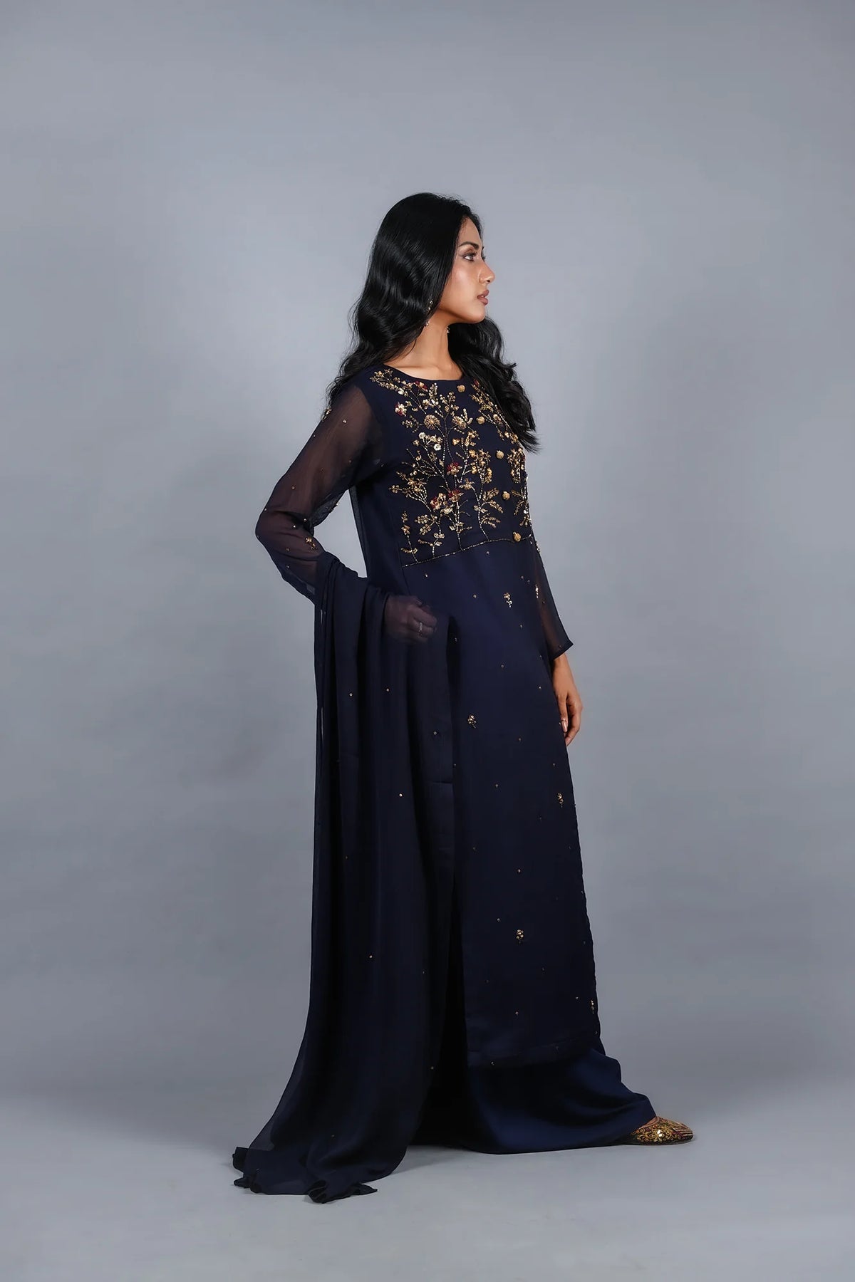 Sheep - Aegean Blue Hand-Embellished Chiffon 3-Piece Stitched - SHP-361