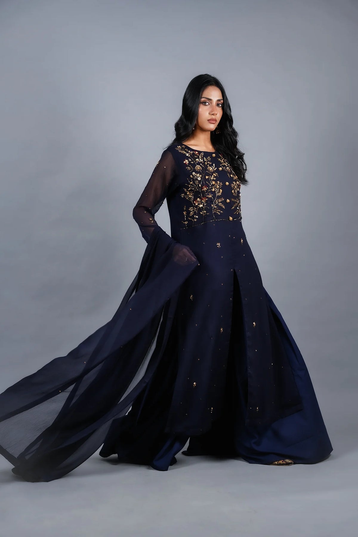Sheep - Aegean Blue Hand-Embellished Chiffon 3-Piece Stitched - SHP-361