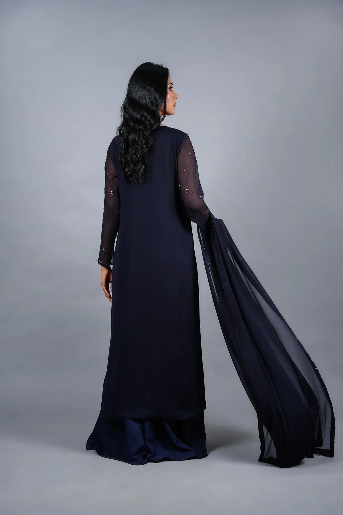 Sheep - Aegean Blue Hand-Embellished Chiffon 3-Piece Stitched - SHP-361