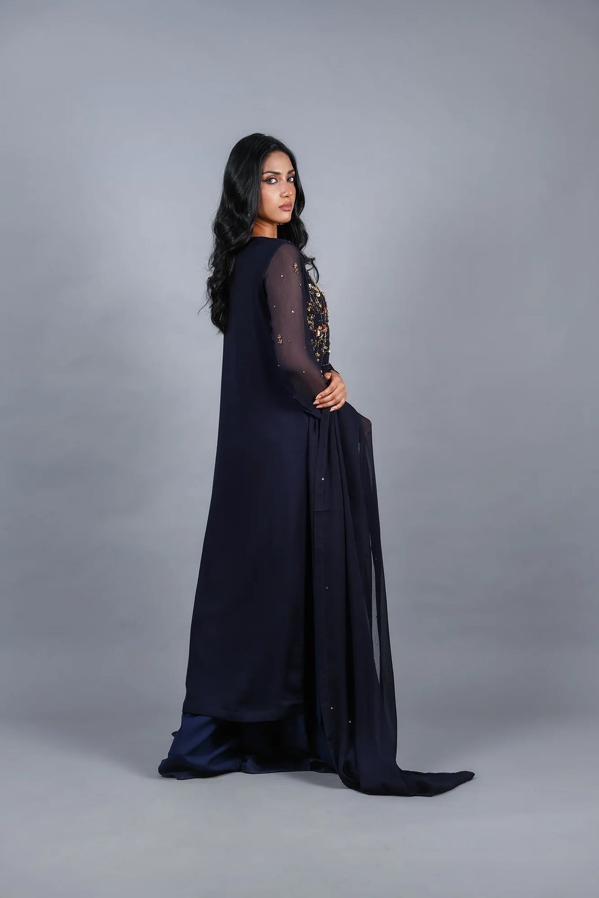 Sheep - Aegean Blue Hand-Embellished Chiffon 3-Piece Stitched - SHP-361