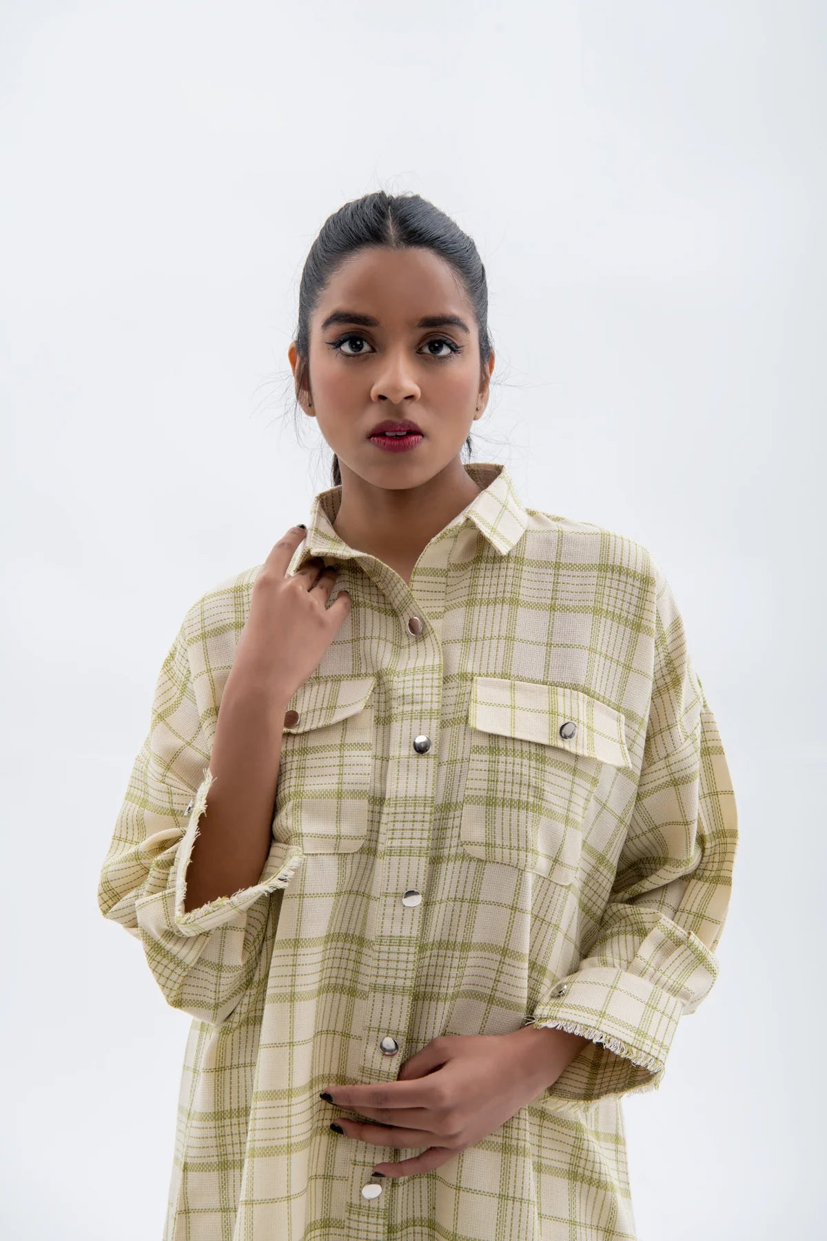 Discover this trendy fusion patch pocket shirt in beige – a modern take on traditional Pakistani clothes for women.