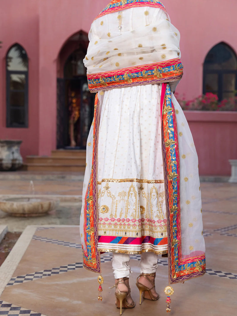 Pakistani suits Canada – An elegant off-white 3PC chiffon stitched suit from Almirah, perfect for festive occasions.