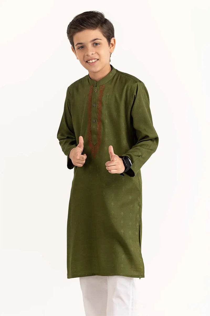 GulAhmed algae green kurta for boys, crafted from blended fabric. A perfect choice for Punjabi suits for kids in Canada.
