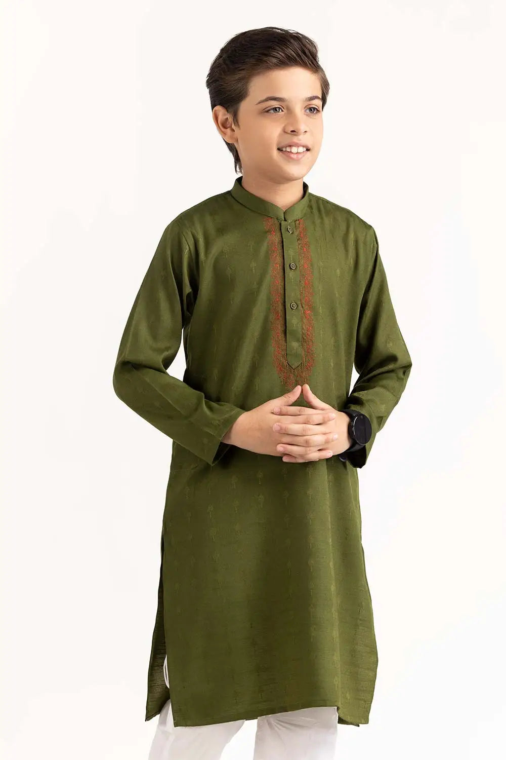 kids wearing a green embroidered kurta by GulAhmed – a stylish Pakistani suit for kids in Canada, made with premium blended fabric.
