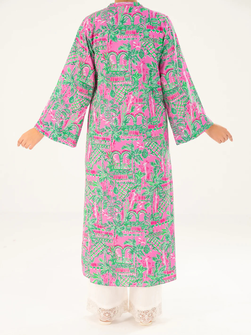 Woman standing back view full length pink green tropical print cambric kurti wide sleeves Almirah Diwali Pakistani suits Canada
