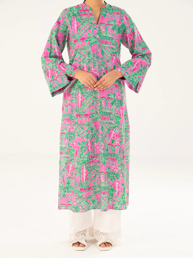 Woman standing front view full length hands clasped pink green tropical print cambric kurti Almirah Eid Pakistani suits Canada women