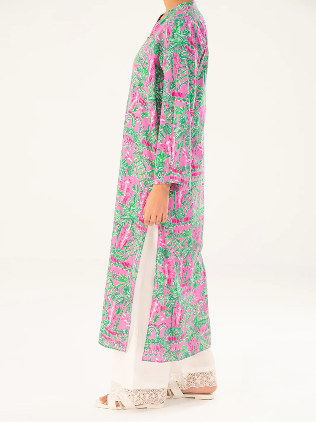 Woman standing side view full length pink green printed cambric kurti side slit Almirah Eid festive Pakistani suits online Canada