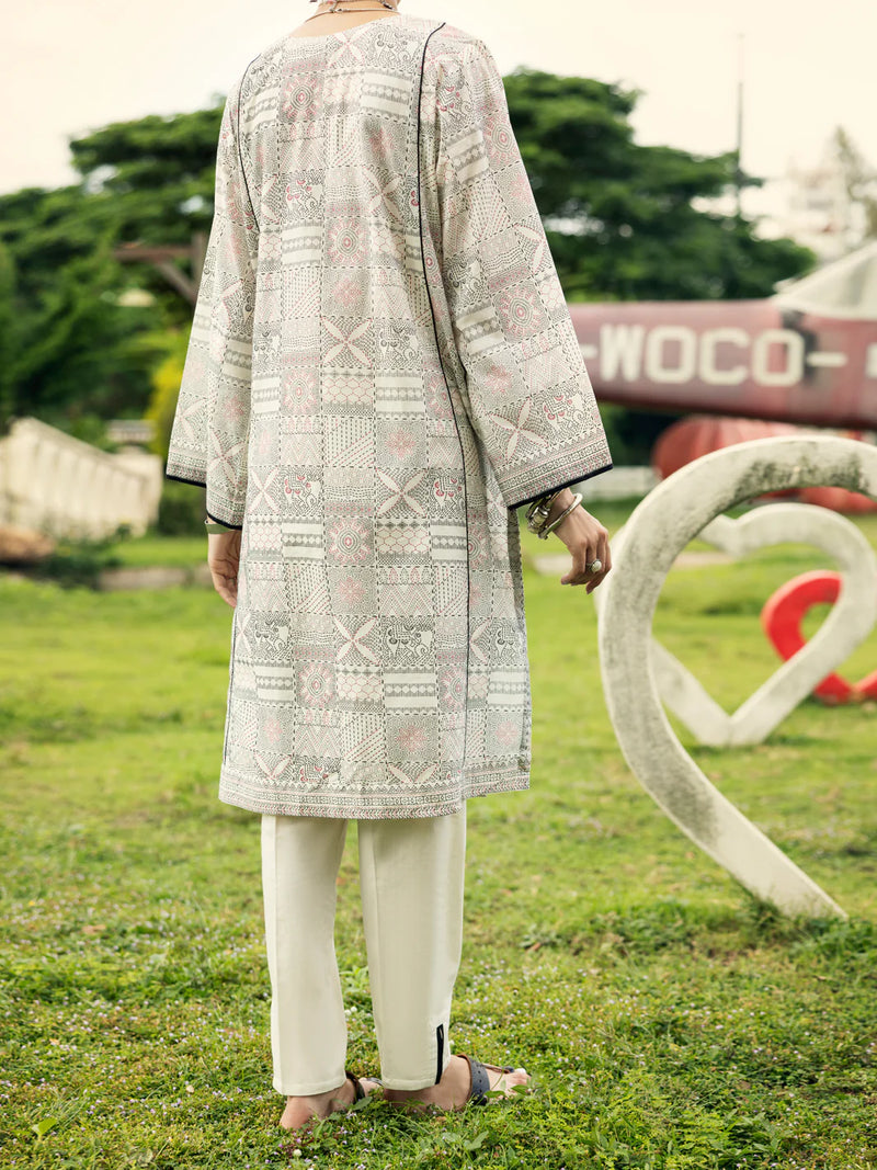 Woman standing full length back view Almirah off white foam printed lawn kurti summer Pakistani suits online Canada