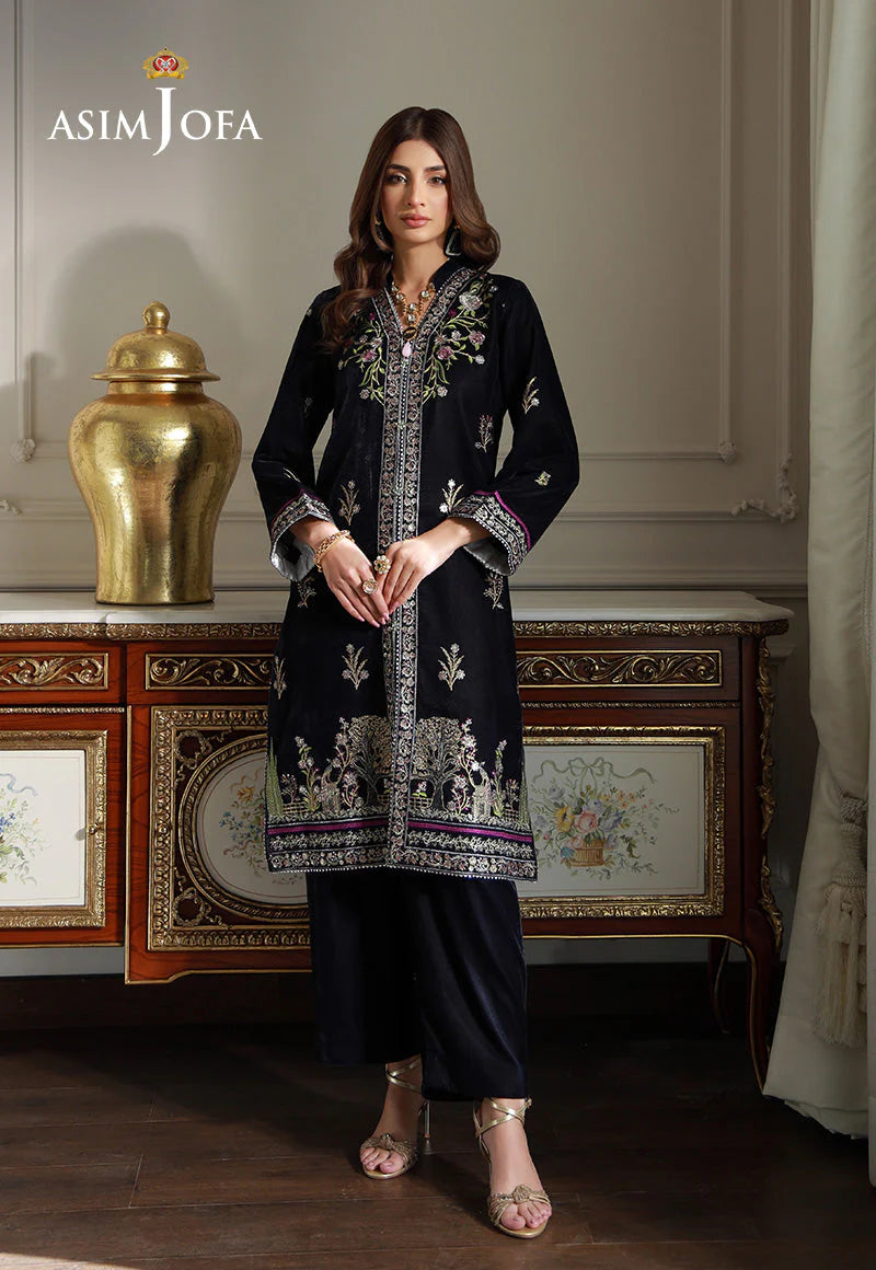 Front view of Asim Jofa dark grey velvet suit – traditional Pakistani clothes medium size, crafted for semi-formal events in Canada.