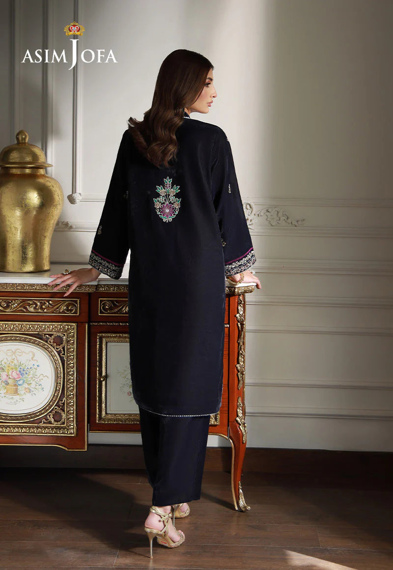 Back view of Asim Jofa dark grey velvet 2-piece – classic style of traditional Pakistani clothes for women in Canada, medium size.