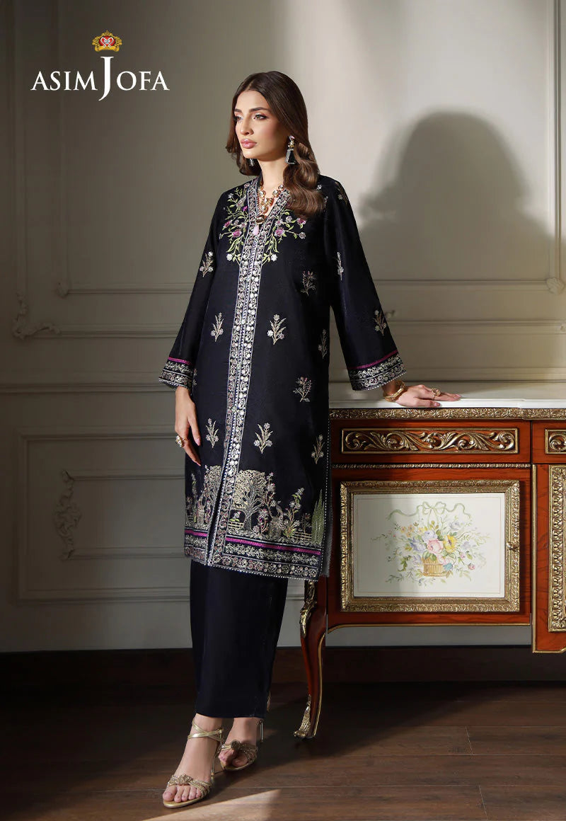 Pakistani suits for women in Canada – side view of Asim Jofa’s dark grey embroidered velvet suit, medium size elegance.