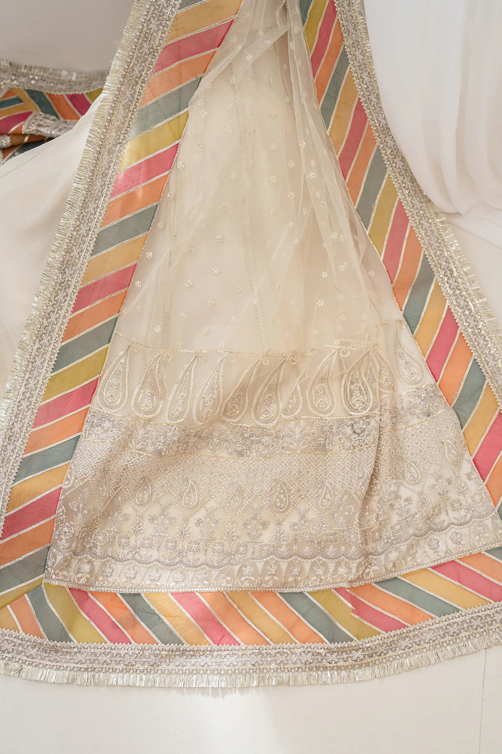 Close-up flat lay – Baroque BAR-380 embroidered net dupatta paisley silver threadwork multicolour border – Pakistani suits Canada