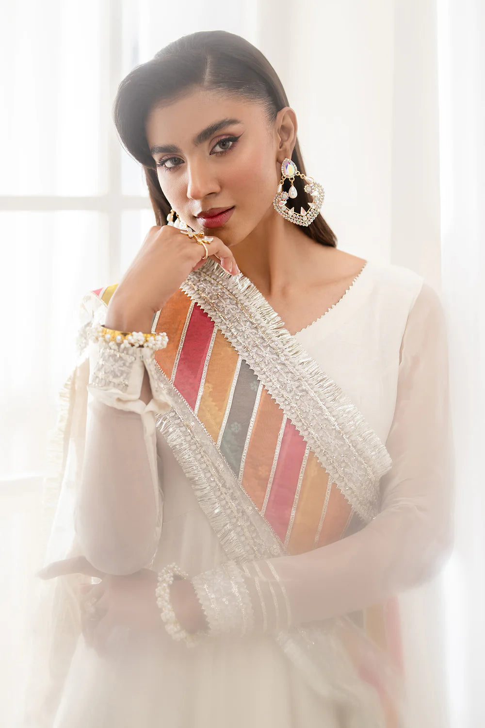 Woman standing front view full length – Baroque BAR-380 ivory 3-piece Punjabi suit embroidered dupatta – Pakistani suits Canada