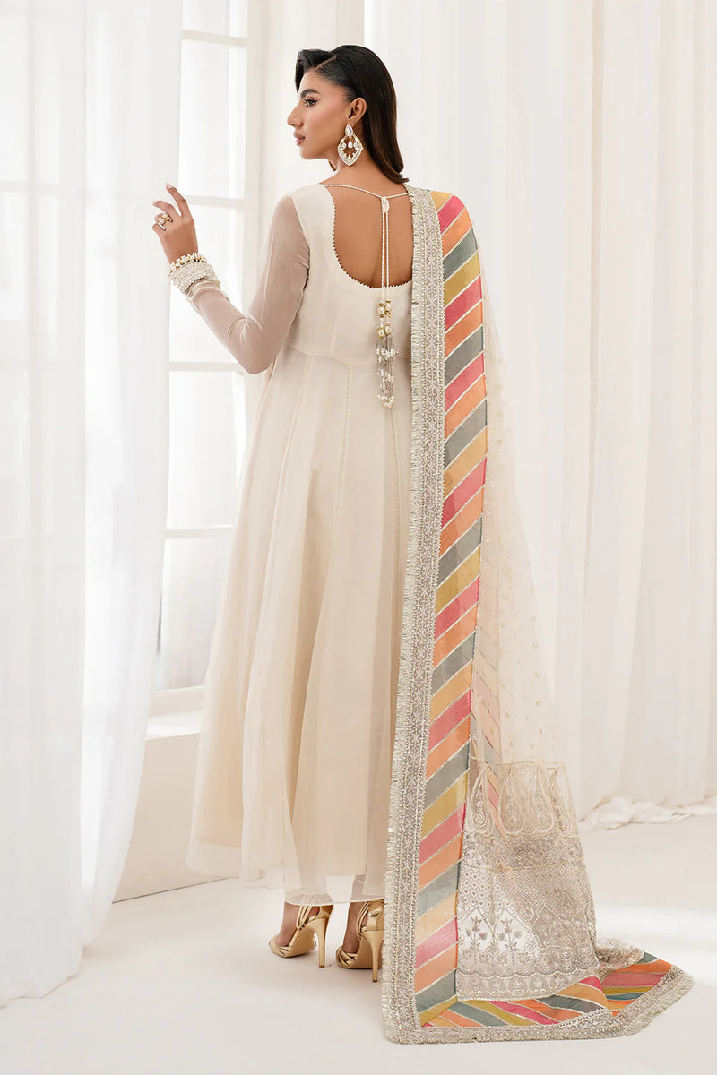Woman standing back view full length – Baroque BAR-380 ivory chiffon embroidered Punjabi suit open back – Pakistani suits online Canada