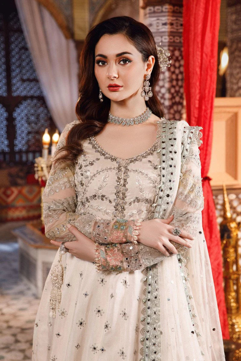 Brand Maria. B. - Pearl White and Peachy Silver Embroidered Suit - MB-178 - Tarz-e-Mashriq