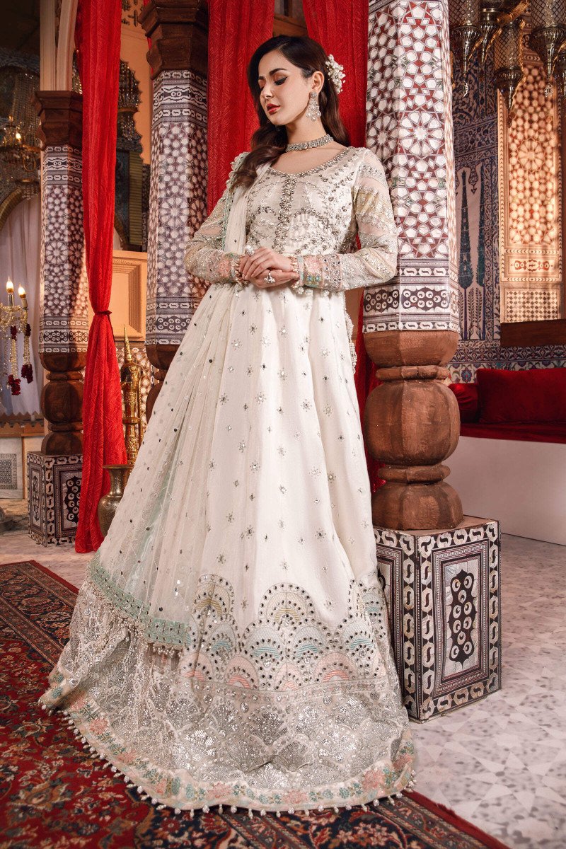 Brand Maria. B. - Pearl White and Peachy Silver Embroidered Suit - MB-178 - Tarz-e-Mashriq