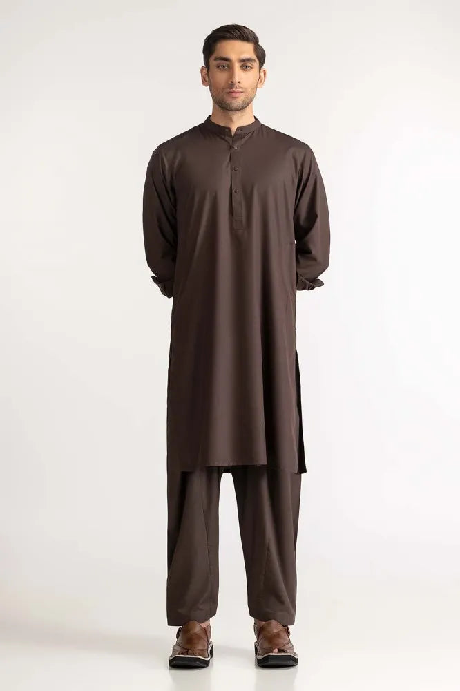 straight profile of GulAhmed’s brown blended kurta shalwar, showcasing its sleek design – a premium option for Pakistani suits for men in Canada.