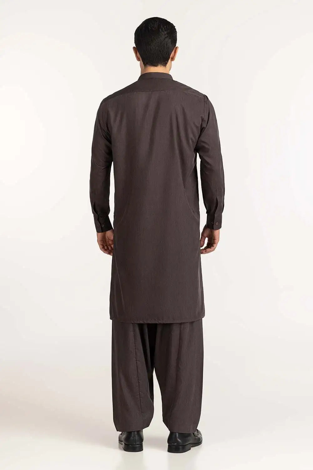 Rear view of the brown 2-piece blended suit by GulAhmed, a sophisticated addition to Pakistani suits online in Canada for men.
