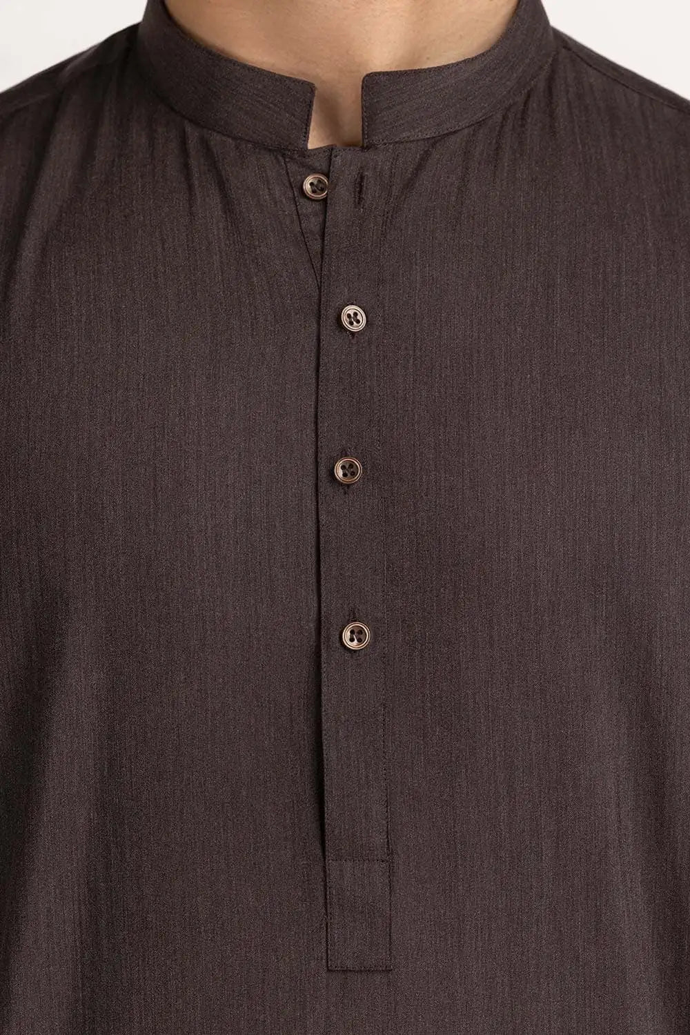 Detailed view of GulAhmed’s brown blended suit, highlighting its premium fabric texture – ideal for Pakistani suits for men.