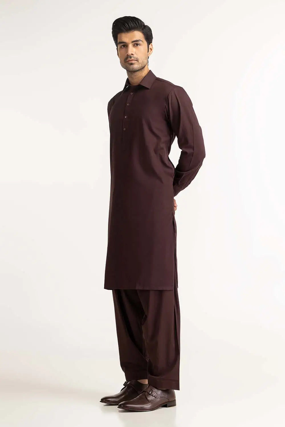 side view of the burgundy blended suit by GulAhmed, perfect for those seeking high-quality Pakistani suits in Canada.