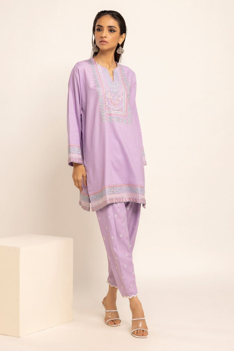 Light purple embroidered kurta from Khaadi, made with viscose cotton—perfect for those searching for Pakistani suits online Canada.